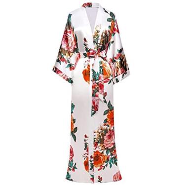 Imagem de Babeyond Kimono Robe Long Floral Madrinha Casamento Despedida de Solteira Robe 53 polegadas (Branco)