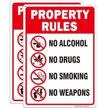 Imagem de Placa de metal de alumínio "Property Rules - Sem álcool, sem drogas, sem fumo, sem armas"