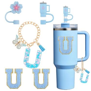 Imagem de Acessórios de copo para Stanley Cup 850.5 g 1,134.0 g, decoração de iniciais de copo para Stanley, incluindo tampa de palha de silicone, pingente de alça, adesivo, azul 5 peças (U)