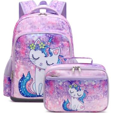 Imagem de JIANYA Mochila para meninas, pré-escolar, jardim de infância, mochila escolar para meninas, mochila com lancheira e alça no peito, 38 cm de altura, *Gato-galáxia, Small, Linda mochila