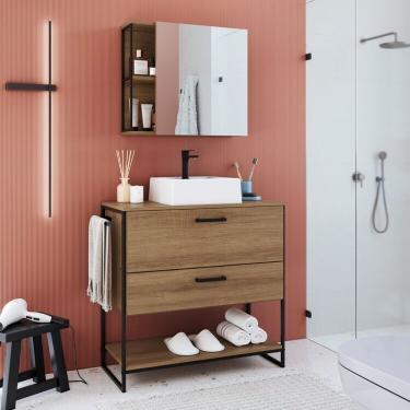 Imagem de Gabinete De Banheiro Industrial De Chão 80cm Com Cuba Sobreposta Branca E Espelheira Preto Mel