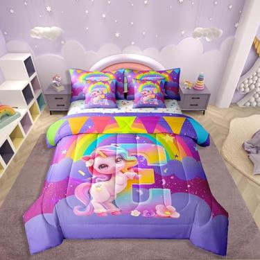 Imagem de Erosebridal Conjunto de edredom de unicórnio roxo com estampa de galáxia, desenho animado de animais mágicos e animais mágicos, 7 peças