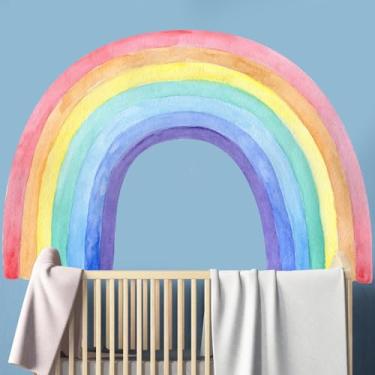 Imagem de Decalque de parede grande de arco-íris completo de 129 x 87 cm, adesivo de parede em arco de aquarela para berçário, quarto de crianças ou sala de jogos, decoração de arte de parede sonhadora iinuu
