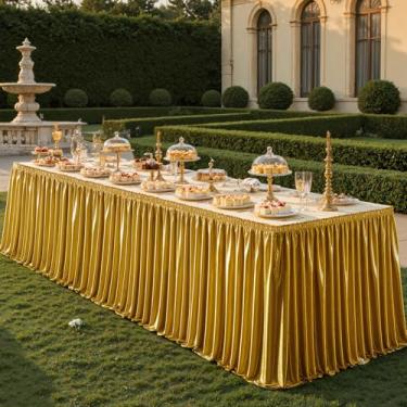 Imagem de Saia de mesa dourada escura com glitter de 1,8 m de comprimento, mesas retangulares, plissadas, sem rugas, saia de mesa para professores, sala de aula, escritório, casamentos, festas de aniversário