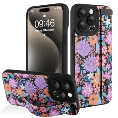 Imagem de AIGOMARA Capa para iPhone 15 Pro Max com alça para mulheres e meninas, linda estampa de flores florais coloridas, capa protetora de silicone com suporte de faixa macia, preta
