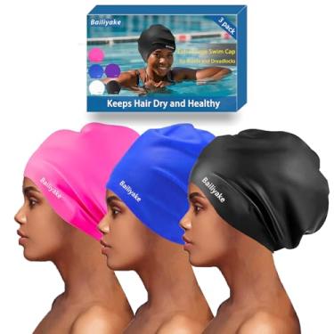Imagem de Pacote com 3 toucas de natação extra grande para tranças e dreadlocks - Chapéu de natação de silicone impermeável para mulheres e homens com cabelo comprido e grosso, touca de natação protetora para