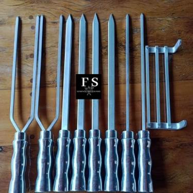 Imagem de Espetos para churrasco kit 8 espetos 65 cm em alumínio +suporte para espetos