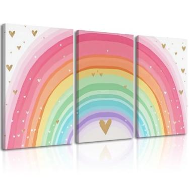 Imagem de Conjunto de 3 arte de parede em tela arco-íris para meninas, pintura colorida para decoração de parede de berçário, impressão de pôster de imagem de coração infantil para sala de aula, quarto de bebê