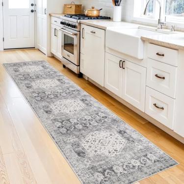 Imagem de Tapetes de cozinha laváveis 61 cm x 3 m – Tapete passadeira com forro de borracha antiderrapante envelhecido, vintage, macio para entrada de quarto, decoração de casa, lavanderia, banheiro (cinza)
