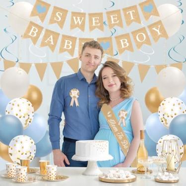 Imagem de Joymee Decorações de chá de bebê azul para meninos com faixa de serapilheira doce bebê menino, balão azul empoeirado e dourado, bandeiras de bandeira de galhardete rústica, faixa de mãe para ser pai