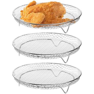 Imagem de Elsjoy Pacote com 3 racks redondos para fritadeira a ar de 20 cm, bandeja de malha de fritadeira a ar de aço inoxidável, prateleiras empilháveis para desidratadores, serve para fritadeiras a ar de 4,2