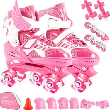 Imagem de Patins Infantil 2 Em 1 Ajustável Patins 4 Rodas, Patins Quad, Patins Infantil Menina, Ajustável com Bolsa e Kit Proteção, Para meninas, meninos e iniciante (Rosa, P (28-32))