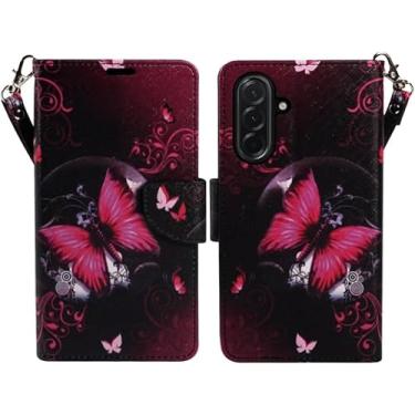 Imagem de Zase Design para Samsung Galaxy S25 FE (Fan Edition) Capa protetora [bloqueio RFID] Bolsa de couro PU compartimento para cartão de crédito alça de pulso com trava magnética (borboleta preta e rosa)