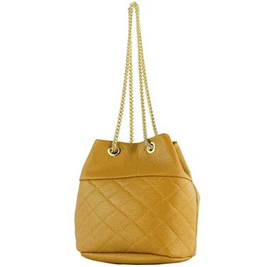 Imagem de modamoda de T245/T246 Bolsa feminina de couro italiano, fecho de corrente dourada, 20 x 14 cm, Amarelo mostarda/couro