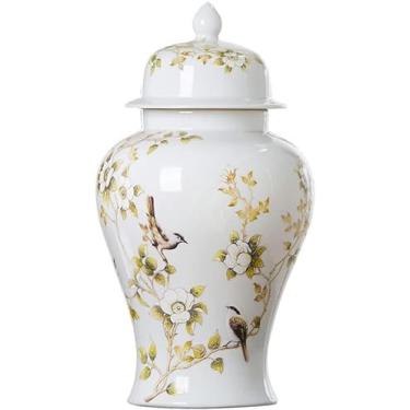 Imagem de Vaso de cerâmica branco de gengibre decorativo para decoração de casa, potes de urna de porcelana chinesa com flor amarela e padrão de pássaros, pote de têmpora brilhante centro de mesa ()