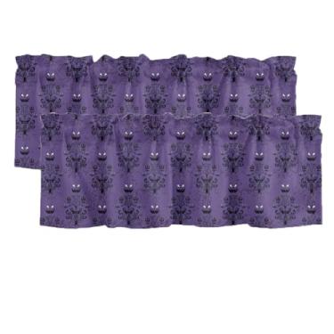 Imagem de Pacote com 2 cortinas de cozinha de Halloween sanefas para janelas mansão assombrada fantasma sanefas roxas para café, banheiro, sala de estar, cortinas curtas sobre a pia com bolso de haste de 7,6 cm