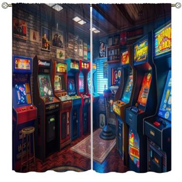 Imagem de VUMIVI Cortinas Arcade Anos 90 Brilham no Escuro Desenho Animado Sala de Jogos Ilustração Retro Pixel Design Janela Tratamentos para Sala de Jogos Retrô Tema Caverna Café Quarto Infantil 106 cm L X