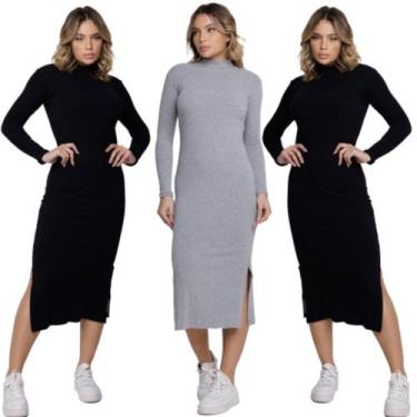 Imagem de KIT 3 Vestido Midi Manga Longa Vekyo Gola Alta Blogueira Canelado Moda