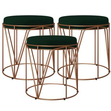 Imagem de Kit 03 Puffs Decorativo Aramado Bronze Zaya L02 Suede Verde Musgo - Lyam Decor