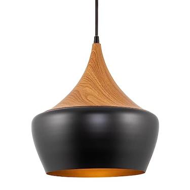 Imagem de Kira Home Luminária pendente Ava 33.0 cm Modern Industrial Schoolhouse + sombra preta estilo escola, altura ajustável para pendurar, acabamento de grão de madeira natural