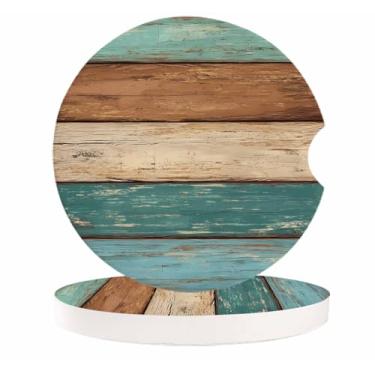 Imagem de Conjunto de 2 porta-copos de carro turquesa azul-petróleo para carro, retrô, granulado, madeira, marrom, absorvente, pedra cerâmica, com entalhe de dedo para facilitar a remoção do porta-copo