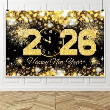 Imagem de DORCEV 3,7 x 1,8 m Feliz Ano Novo 2026 pano de fundo para fotografia preto dourado decoração de festa de ano novo contagem regressiva para ano novo banner bokeh manchas borradas inverno suprimentos