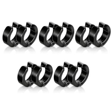 Imagem de Brincos masculinos de pressão, 10 peças, de argola falsa, de aço inoxidável, punk, não perfurados, para homens e mulheres (preto)