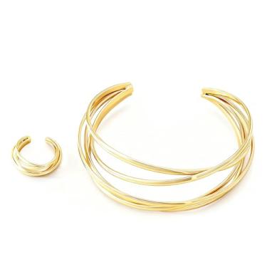 Imagem de Embtrem Pulseira feminina com anéis, moderna, multicamadas, de arame, pulseira larga e aberta para presente de Natal, aniversário, Large, Sem Pedra Preciosa