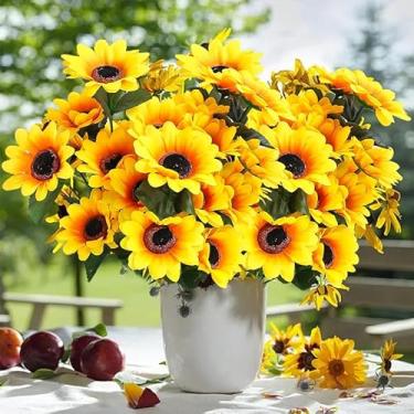 Imagem de 1 buquê de girassol artificial com 7 cabeças, resistente a UV, girassóis de seda falsa, flores amarelas, decoração de mesa e jardim