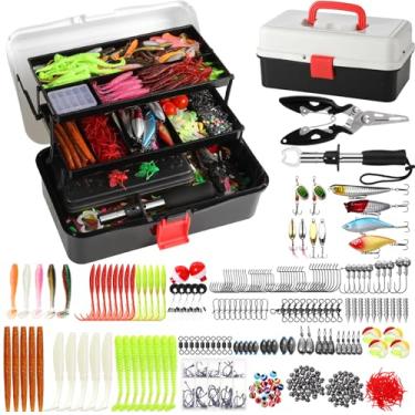 Imagem de RoundFunny 517 peças de caixa grande de 3 camadas com kit de iscas de pesca incluído alicate, garra de lábio de peixe, crankbait, anzóis, outros acessórios, kit de equipamento de isca de pesca para