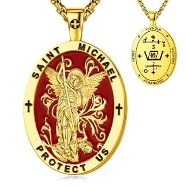 Imagem de OigvcoTe Colar com pingente de São Miguel, banhado a ouro 24K com esmalte vermelho, corrente de 40 cm, medalha de proteção religiosa, formato oval, 44 Millimeters, Metal, Zircônia cúbica