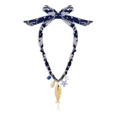 Imagem de Colar feminino com pingente de peixe dourado grosso, cachecol de seda longo com pingentes de concha de praia, joia de declaração para férias de verão, roupa casual, acessório elegante e exclusivo