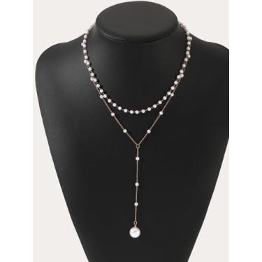 Imagem de Elegante colar de borla de pérola de camada dupla para mulheres, design de pingente de corrente de prata