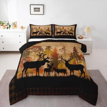 Imagem de Erosebridal Jogo de cama casal de caça de veado para crianças, casa de fazenda rústica | Conjunto de edredom retrô florestal da floresta para quarto de meninos, adolescentes e adultos, marrom
