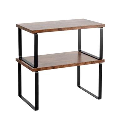 Imagem de Prateleira organizadora de armário, conjunto de 2 prateleiras expansíveis de bancada de cozinha com suporte de especiarias - armazenamento empilhável em metal e madeira 15,17 cm (marrom)