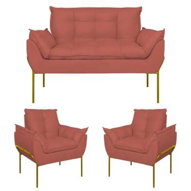 Imagem de Kit 2 Poltronas + Namoradeira Pé Metal Dourado Recepção Sala Rosa