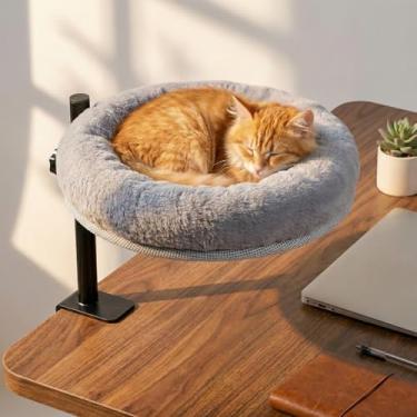Imagem de Cama de mesa para gatos com grampo – altura ajustável e rotação de 360° poleiro para gatos, mesa de escritório com economia de espaço, acessório para cama de gato com almofada lavável removível, para