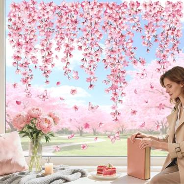 Imagem de decalmile Adesivos de janela dupla face flores de cerejeira pendurados videira floral rosa borboleta anti-colisão vidro portas adesivos decalques
