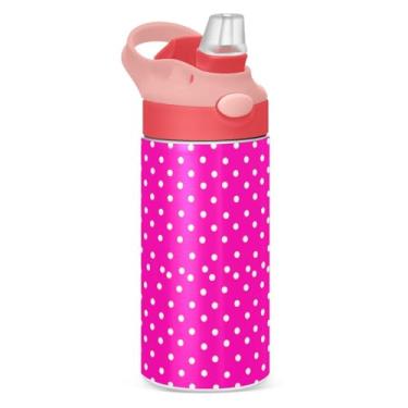 Imagem de JUZIHAI Garrafas de água infantis de bolinhas brancas com fundo rosa, 355 ml, isolada a vácuo, com tampa de palha, copo de viagem à prova de vazamento