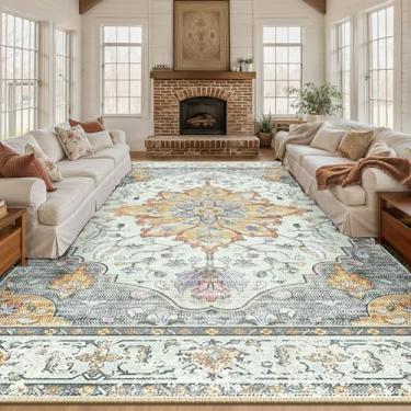 Imagem de RELEANY Tapetes de área 25 x 30 cm, lavável, antiderrapante, estampa floral, vintage, tapete medalhão para sala de estar, quarto, sala de jantar, amarelo claro, cinza carbono laranja