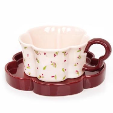 Imagem de JMCRATE Caneca de café de cerâmica com conjunto de pires, copo fofo criativo com porta-copos de flores para escritório e casa, 240 ml para chá com leite e cereja rosa (cereja rosa)