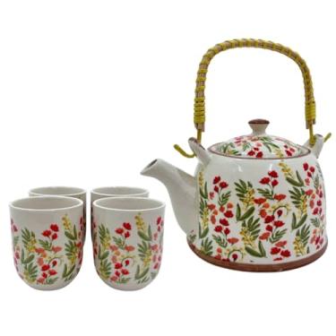 Imagem de Jogo de Chá com Bule de Porcelana 900ml com Infusor e 4 Copos 150ml | Kit Café Tokyo 30a(Folhas e Flores)