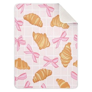 Imagem de Qilmy Cobertor de bebê rosa com laços e croissants 76 x 101 cm, cobertor infantil de algodão macio para meninos e meninas, cobertor infantil leve e quente para berço, carrinho de bebê, soneca