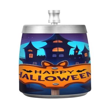 Imagem de Qilmy Cinzeiro de aço inoxidável Happy Halloween com tampa - Cinzeiro de cigarro à prova de vento sem cheiro sem fumaça para casa, escritório, carro, pátio, varanda (uso interno e externo)