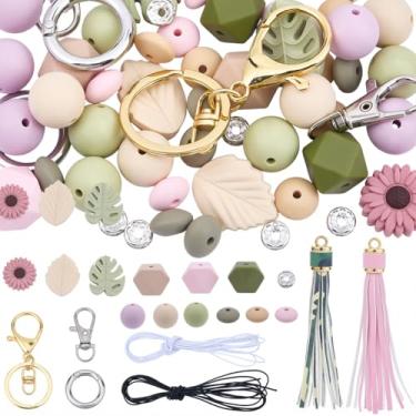 Imagem de SUNNYCLUE 1 caixa com 90 peças, kit de chaveiros de contas de silicone, contas de flores, fio elástico, 4 m, flores fofas, folha, ábaco, dourado, prata, fecho de lagosta, anéis para chaveiros, fazer