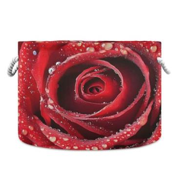 Imagem de JUZIHAI Caixa de armazenamento grande de rosas do Dia dos Namorados, cesto de roupa suja dobrável à prova d'água com alças de corda de algodão para organização doméstica no quarto, banheiro e carro