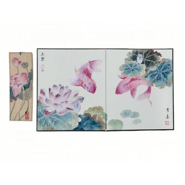 Imagem de Tela dobrável pintada à mão para mesa - Decoração exclusiva Koi Lotus Biombo, adereço de arte e fotografia asiática, enfeite de escritório doméstico único, desdobrado: 8,5 * 14,2 * 0,2 pol. (21,7
