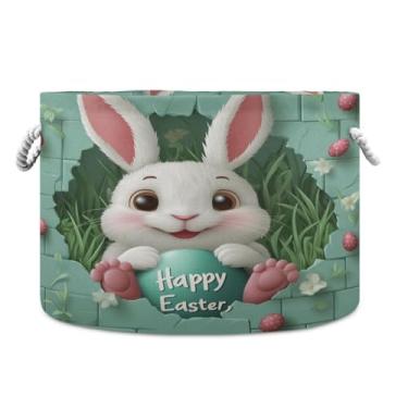 Imagem de JUZIHAI Cesto de armazenamento grande de coelhinho da Páscoa, cesto de roupa suja dobrável à prova d'água com alças de corda de algodão para organização doméstica no quarto, banheiro e carro