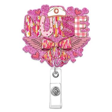 Imagem de Obookey Carretel de crachá de dia dos namorados para enfermeira, carretel de crachá de identificação de laço rosa com clipe retrátil, suporte de crachá para enfermeiras, estudantes de enfermagem