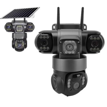 Imagem de Zyyini Câmera de Segurança Solar de Lente Tripla Externa para V380 PRO, Câmera de Vigilância à Prova de água IP66 Com Painel Solar de 8 W, Detecção de Movimento AI, Conversa